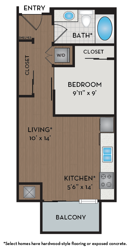 A floor plan of a home with a living room, kitchen, bedroom and bathroom.
